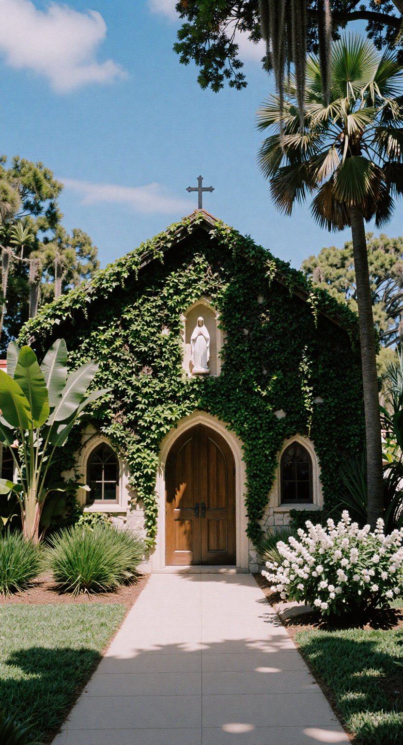 This is a picturesque,  sunlit photograph of a charming,  ivy-covered chapel or small church nestled in a lush by el_niño...