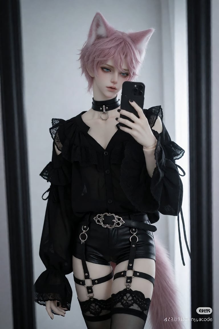 DLLBTY. a young man with short pink hair and striking blue eyes stands in front of a mirror,  holding a phone in one hand....