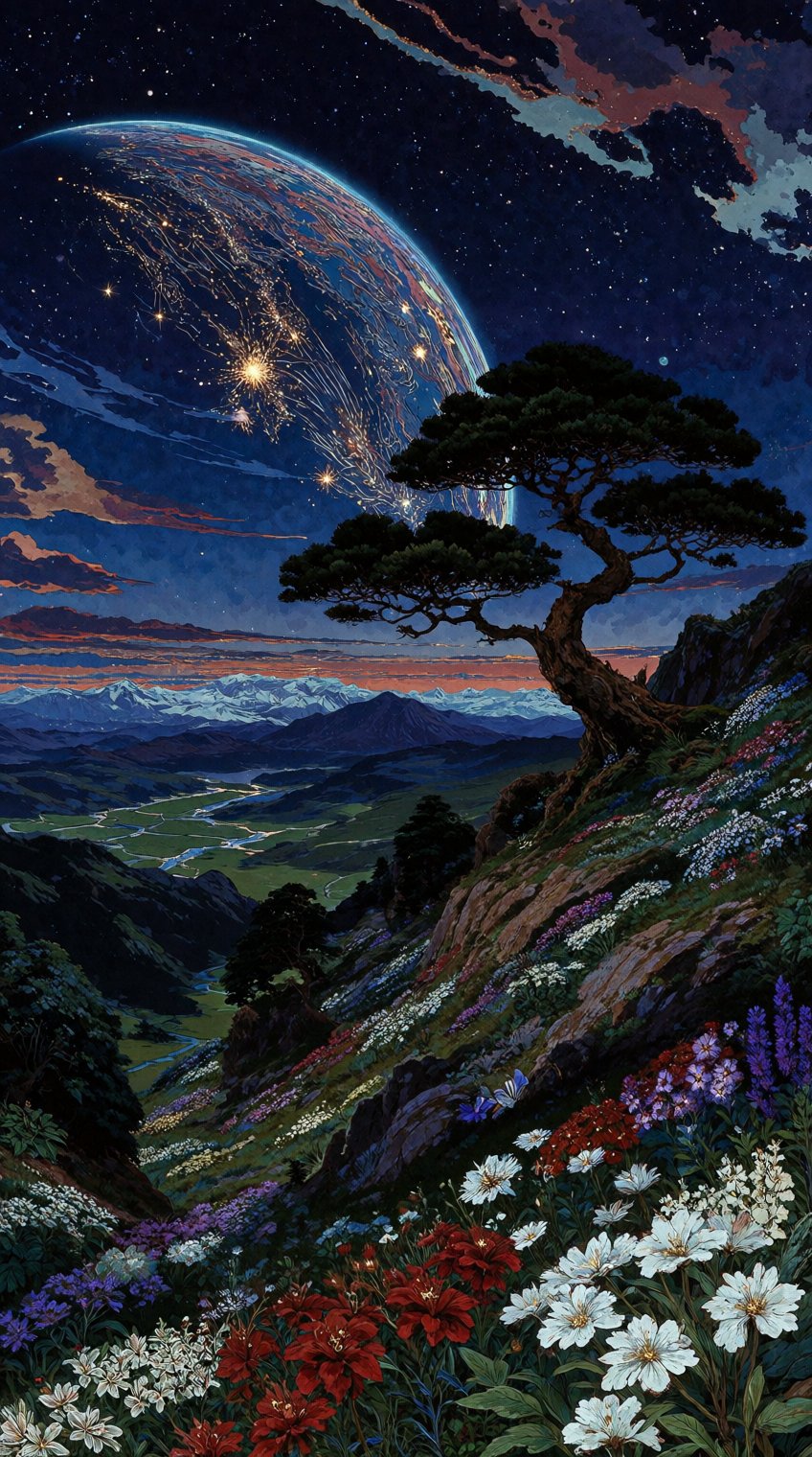 A stunning,  detailed,  pixel art depiction of a starry night sky over a mountainous landscape with a large by patrik 🐈 o...
