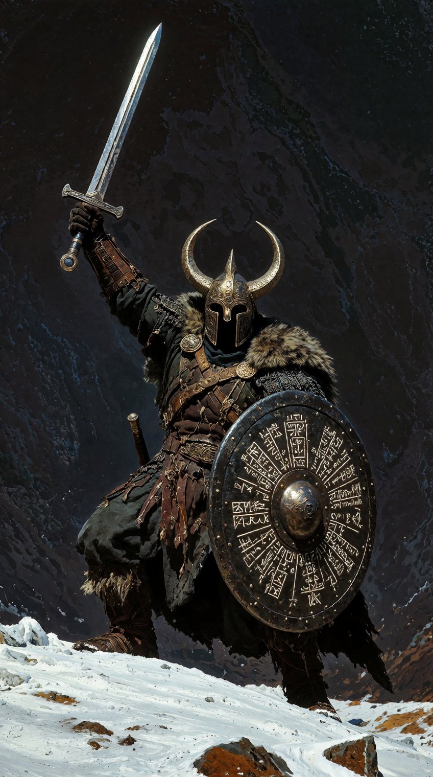 A lone warrior in horned armor stands defiantly on a patch of white snow,  raising a sword against a dark,  textured backd...