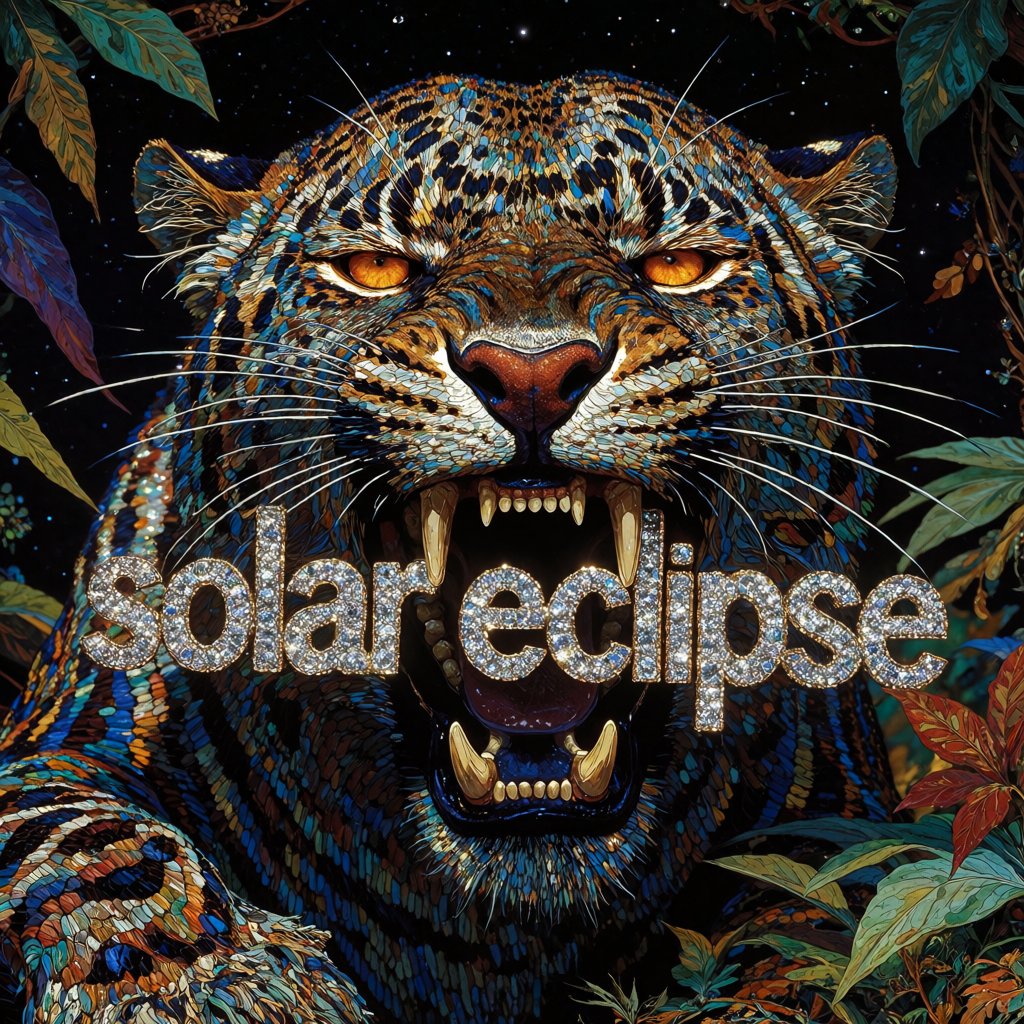 A ferocious leopard with fur rendered as an intricate mosaic of colorful,  psychedelic patterns bites down on a sparkling...