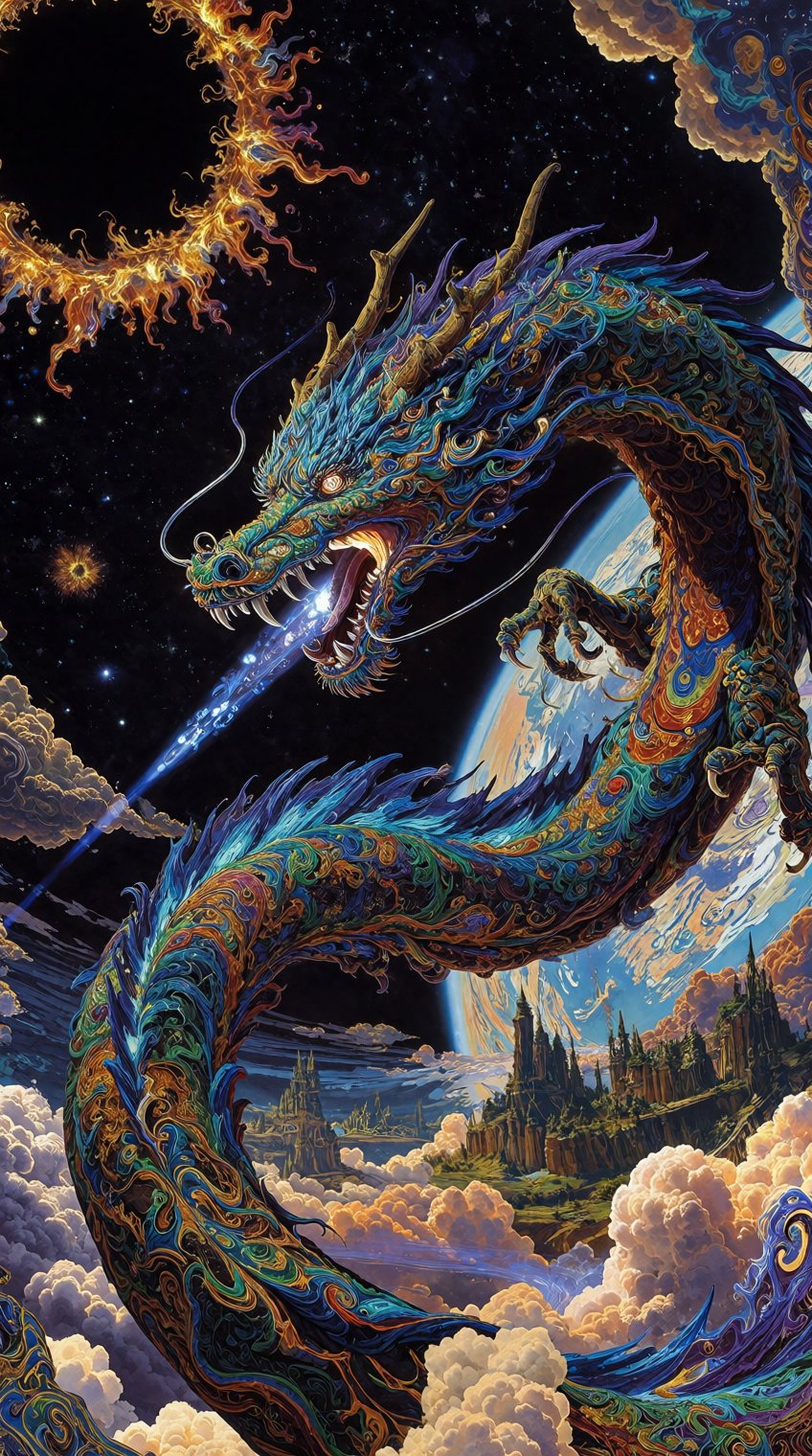 A vibrant,  psychedelic digital illustration from a below camera angle,  depicting a fantastical dragon with a long by pat...