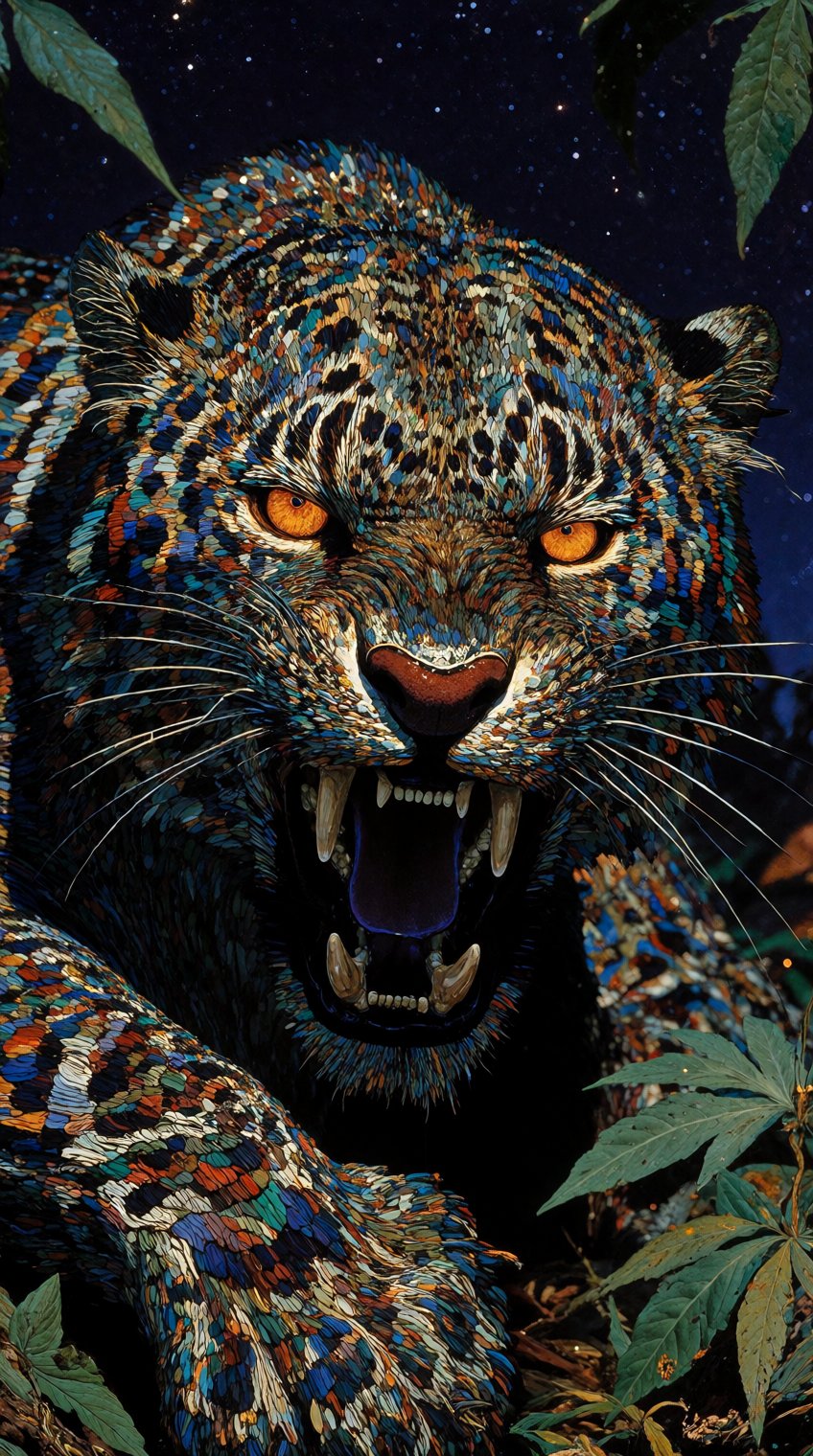 A ferocious leopard,  its fur rendered as an intricate mosaic of colorful,  textured patterns by patrik 🐈 on Tensor.Art