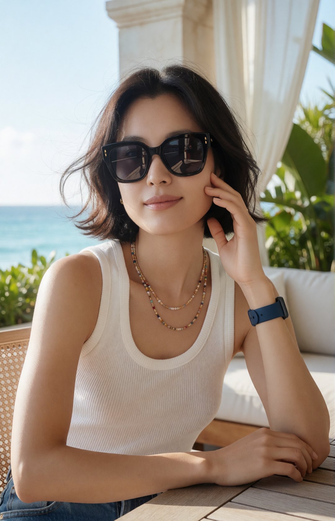 luxury beach resort fashion editorial portrait of a beautiful Korean woman,  upper-body focus,  glamorous full bust by Ecl...