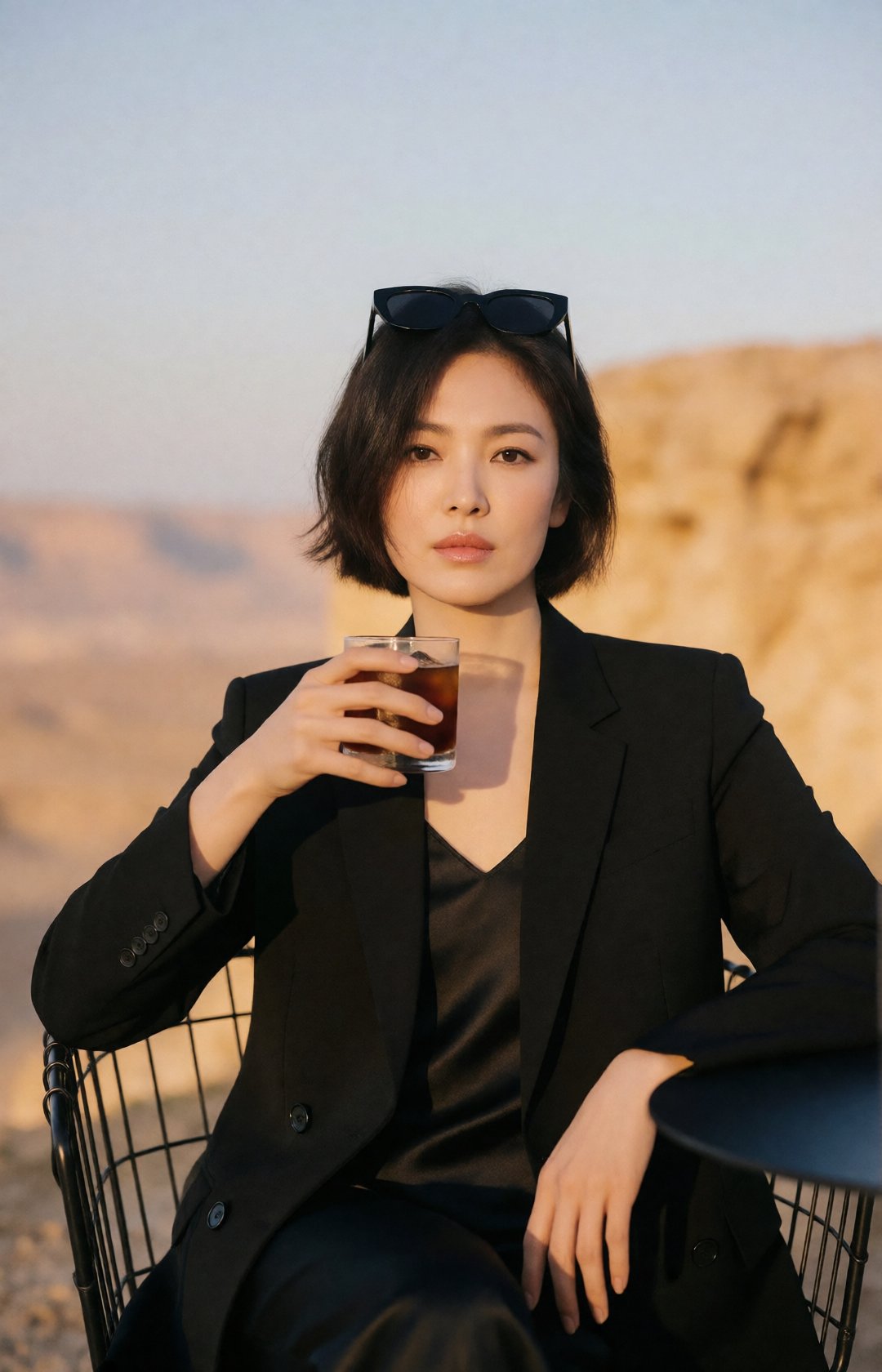 desert cliff sky-terrace café at golden hour,  chic 20yo woman,  short tousled bob by EclipseKww on Tensor.Art