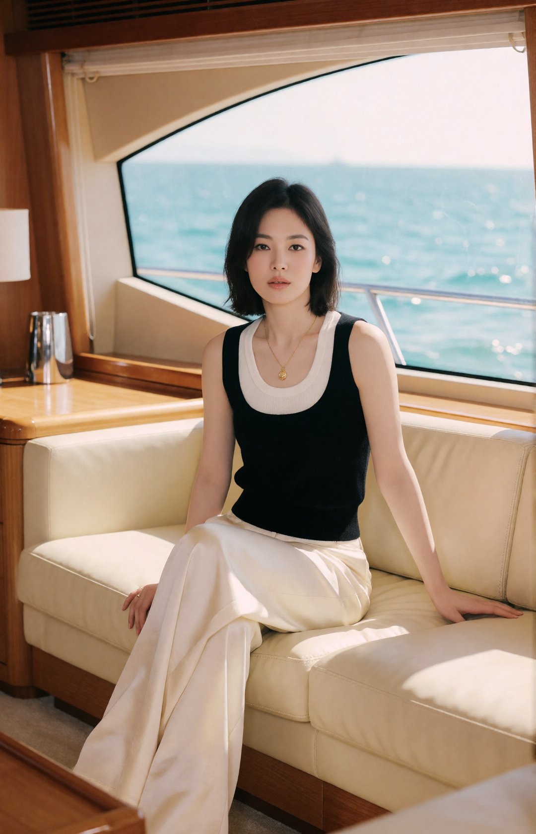 luxury yacht interior editorial,  strikingly beautiful young Korean woman,  captivating beauty by EclipseKww on Tensor.Art