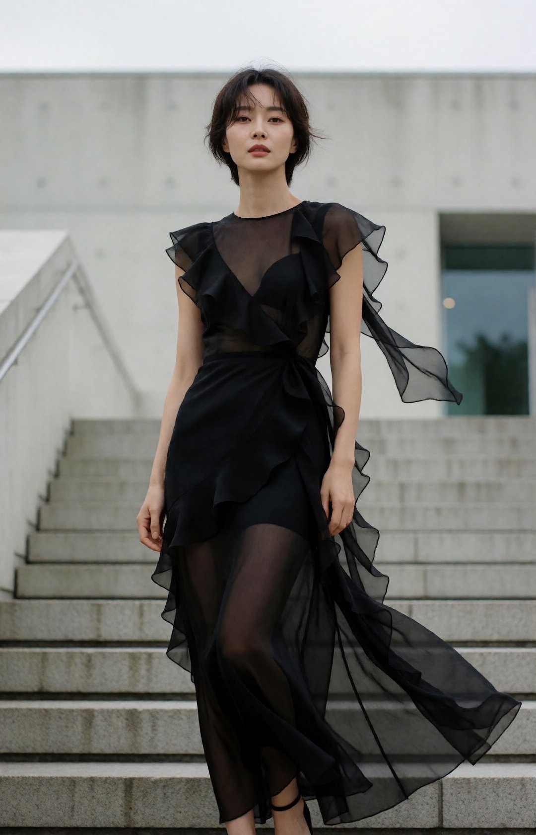 fashion editorial,  elegant young korean woman with slightly tousled short hair,  refined features by EclipseKww on Tensor...