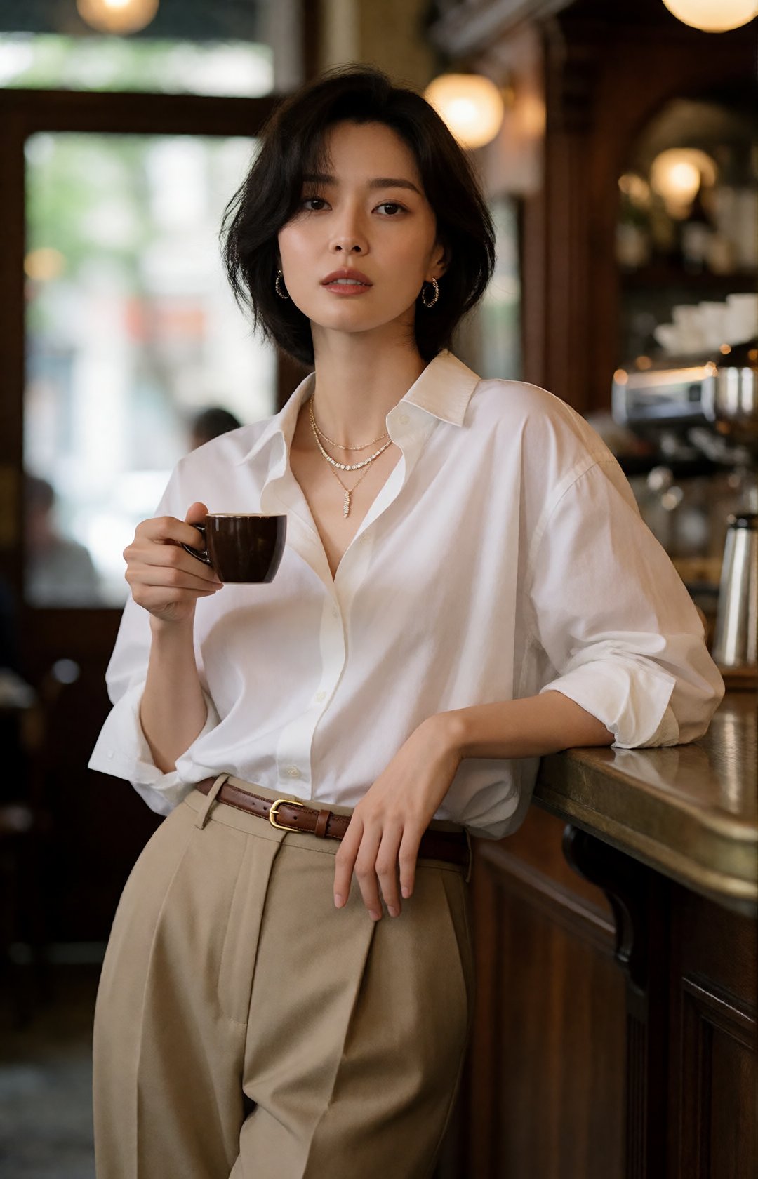luxury fashion editorial portrait of a stunning young Korean woman in an elegant cafe,  slightly messy sleek black bob hai...