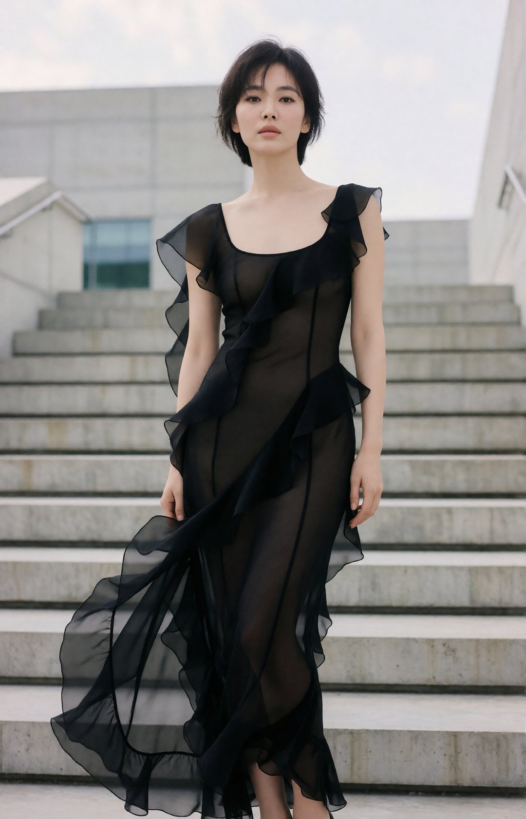 fashion editorial,  elegant young korean woman with slightly tousled short hair,  refined features by EclipseKww on Tensor...