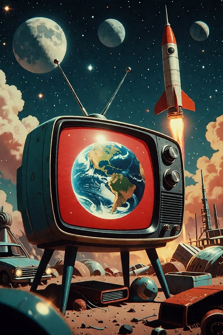 A colossal,  retro-futurist television set—its teal enamel casing scarred with time,  dials gleaming with brass and chrome...