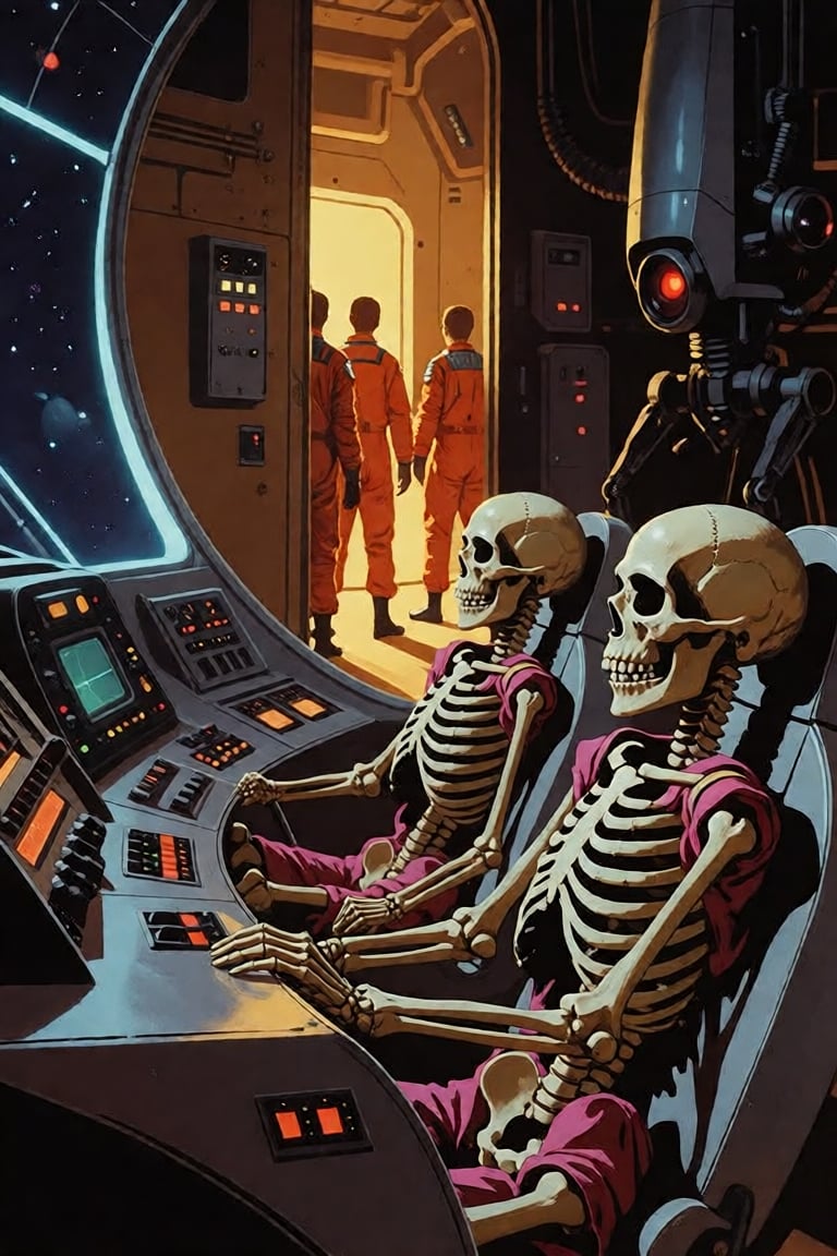 Three ancient skeletal pilots,  their ivory bones polished to a spectral sheen by eons of cosmic dust,  sit rigidly in the...