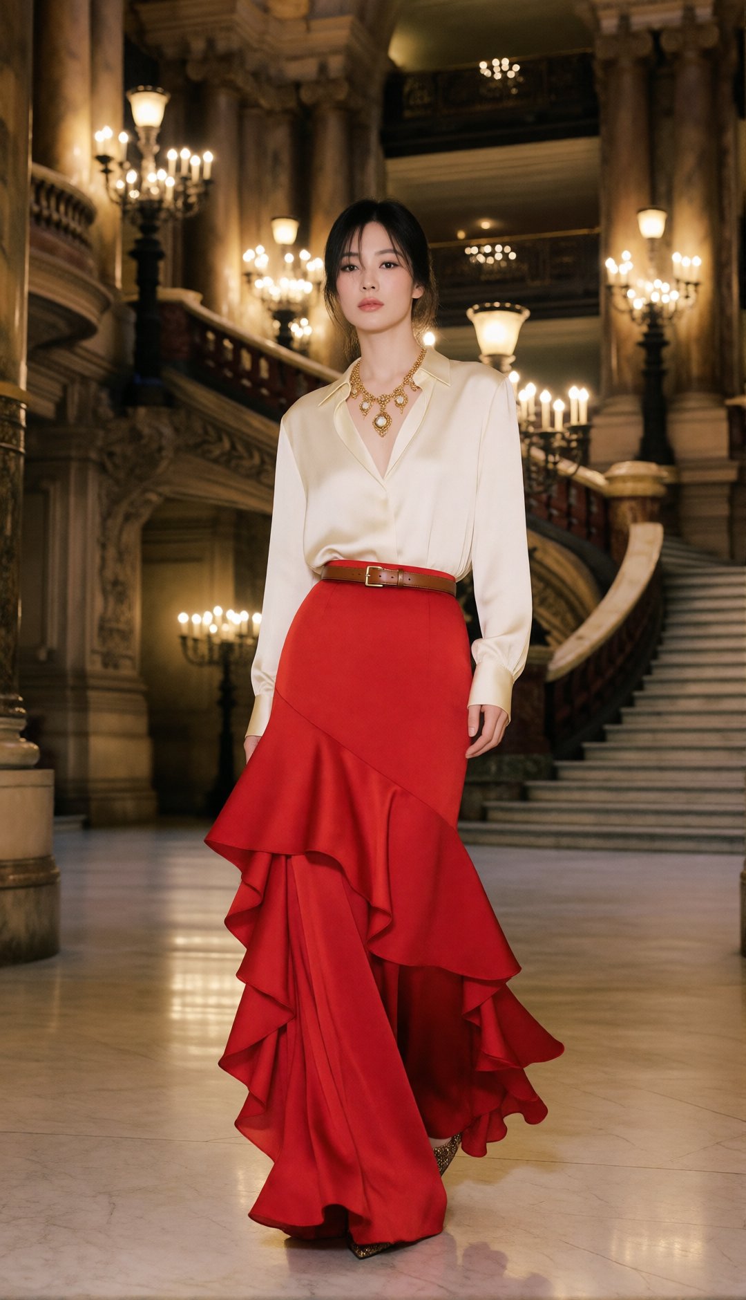 luxury evening fashion editorial,  strikingly beautiful young Korean woman,  wearing an elegant ivory silk blouse with a r...