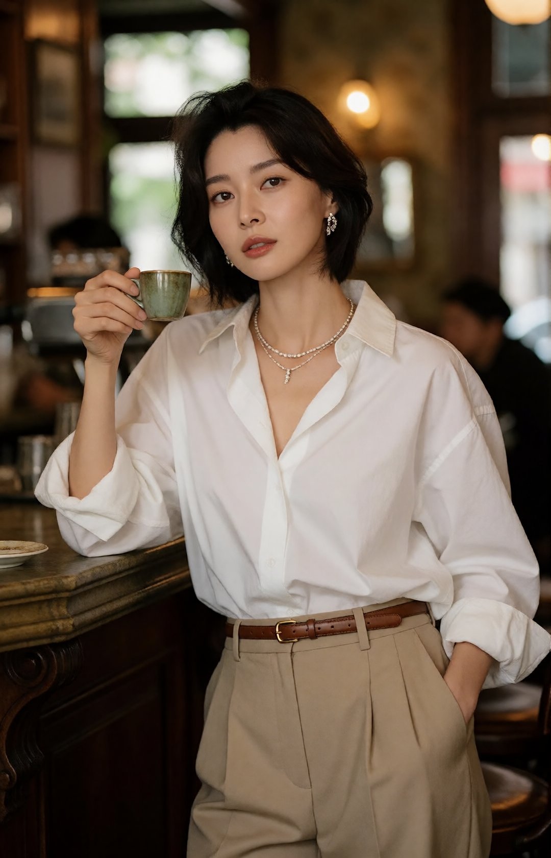 luxury fashion editorial portrait of a stunning young Korean woman in an elegant cafe,  slightly messy sleek black bob hai...