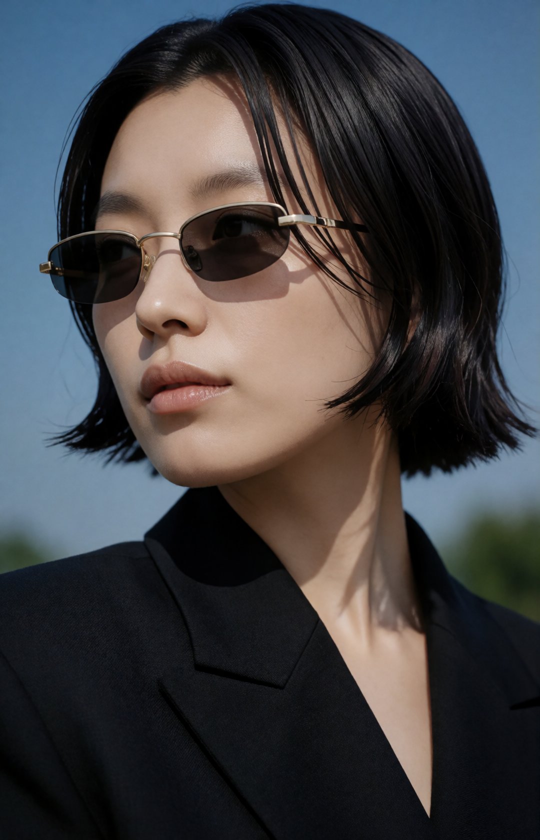 high-fashion beauty editorial,  close-up portrait of a young korean woman with a sleek wet-look short bob,  minimalist gol...