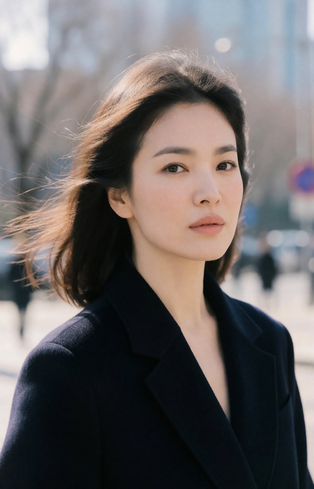 A realistic street portrait of a young woman on a breezy winter day,  hair gently moving in the wind,  dark cashmere coat...