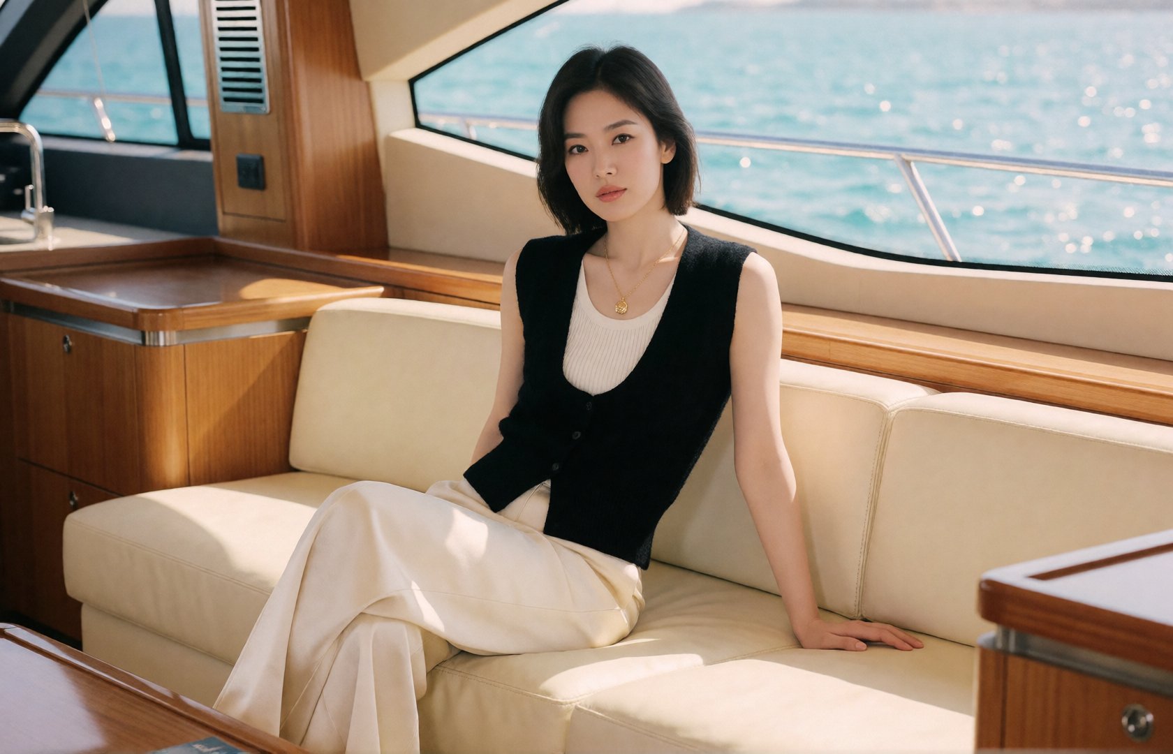 luxury yacht interior editorial,  strikingly beautiful young Korean woman,  captivating beauty by EclipseKww on Tensor.Art