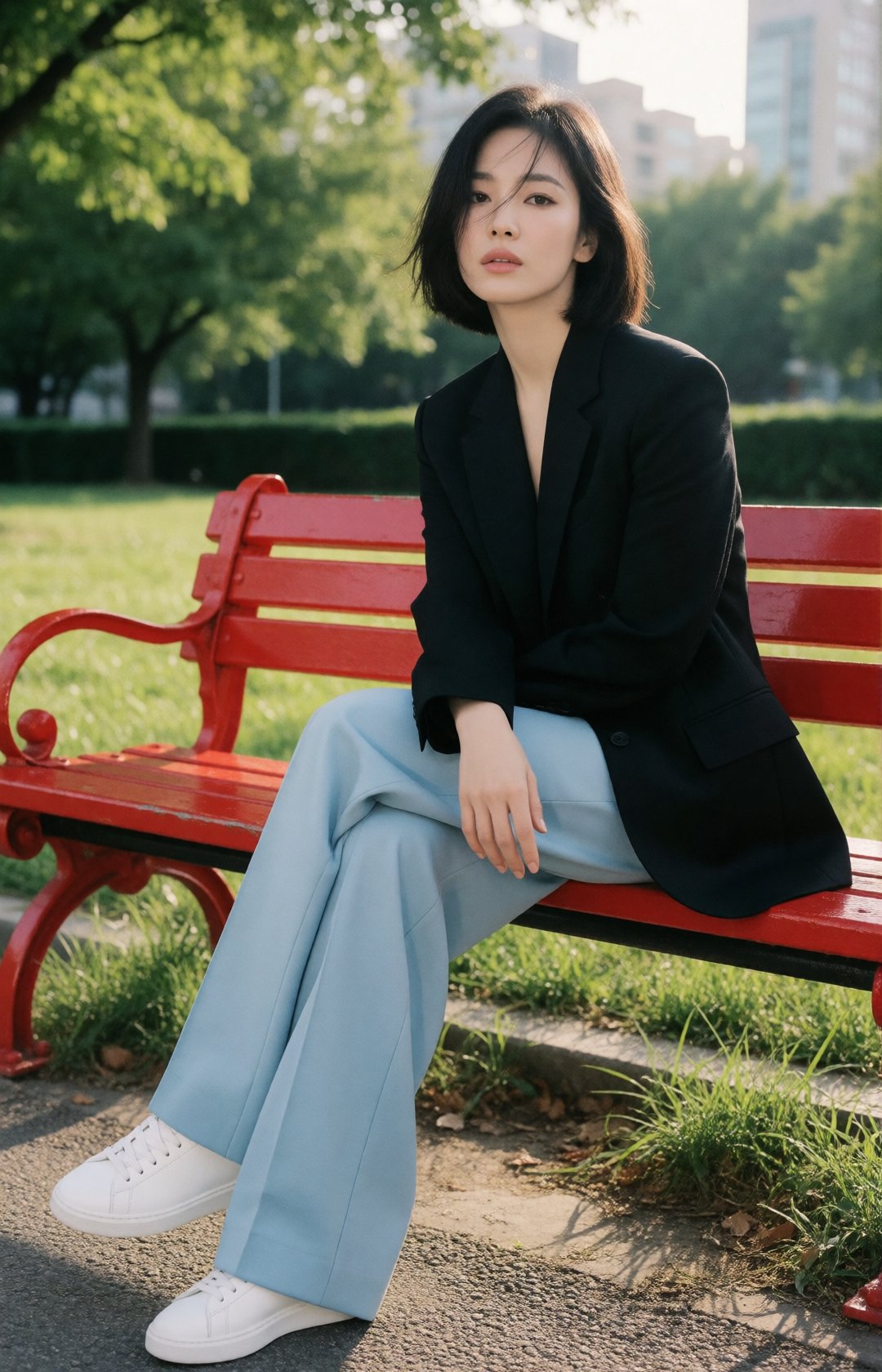 high fashion street editorial,  stunning young Korean woman sitting casually on a vivid red park bench,  slightly messy sl...