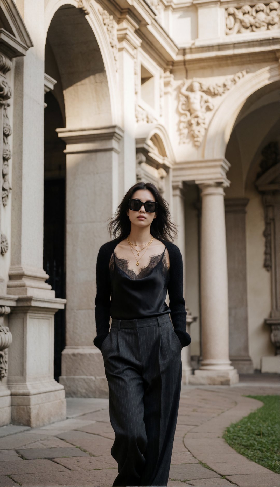 luxury street fashion editorial,  stunning young Korean woman walking slowly through the exclusive courtyard of a historic...