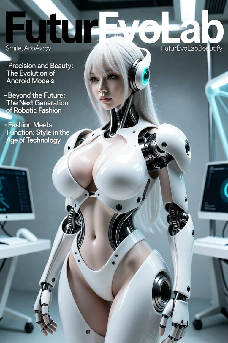 A sleek,  minimalistic magazine cover featuring a beautiful female android model in glossy,  white futuristic armor by Fut...