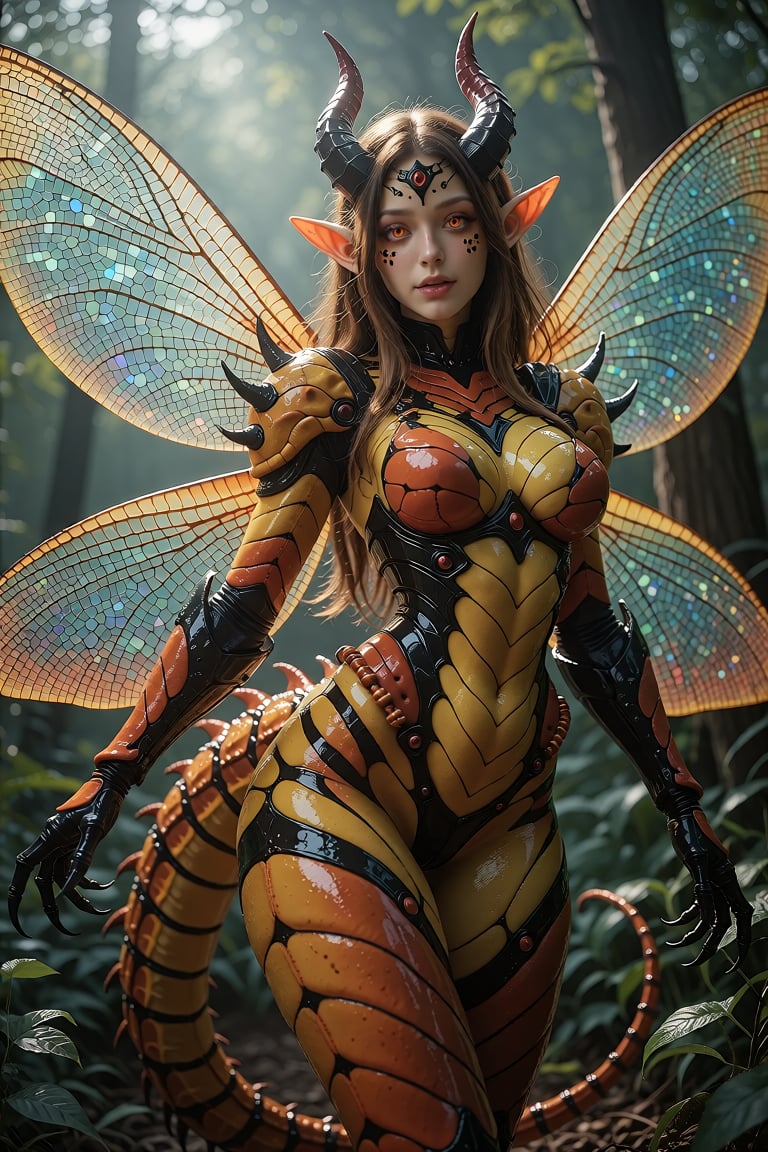 Wasp Girl with a vibrant and energetic style. Depict her with a sleek,  insectoid tail and delicate,  shimmering wings. by...