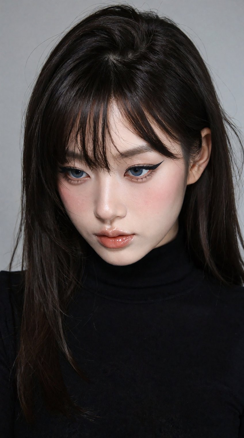 A young Asian woman with long,  straight dark brown hair and full bangs gazes downward,  her face softly illuminated again...