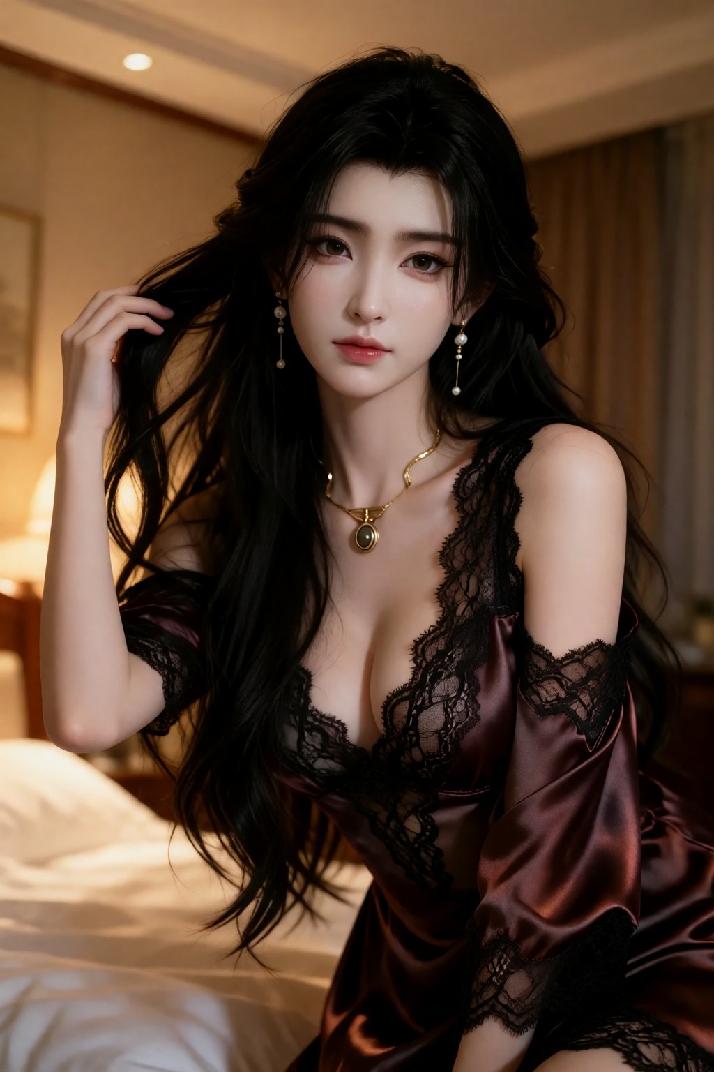 the image portrays a woman with long,  flowing black hair,  styled elegantly with soft waves by 让AI更感性 on Tensor.Art