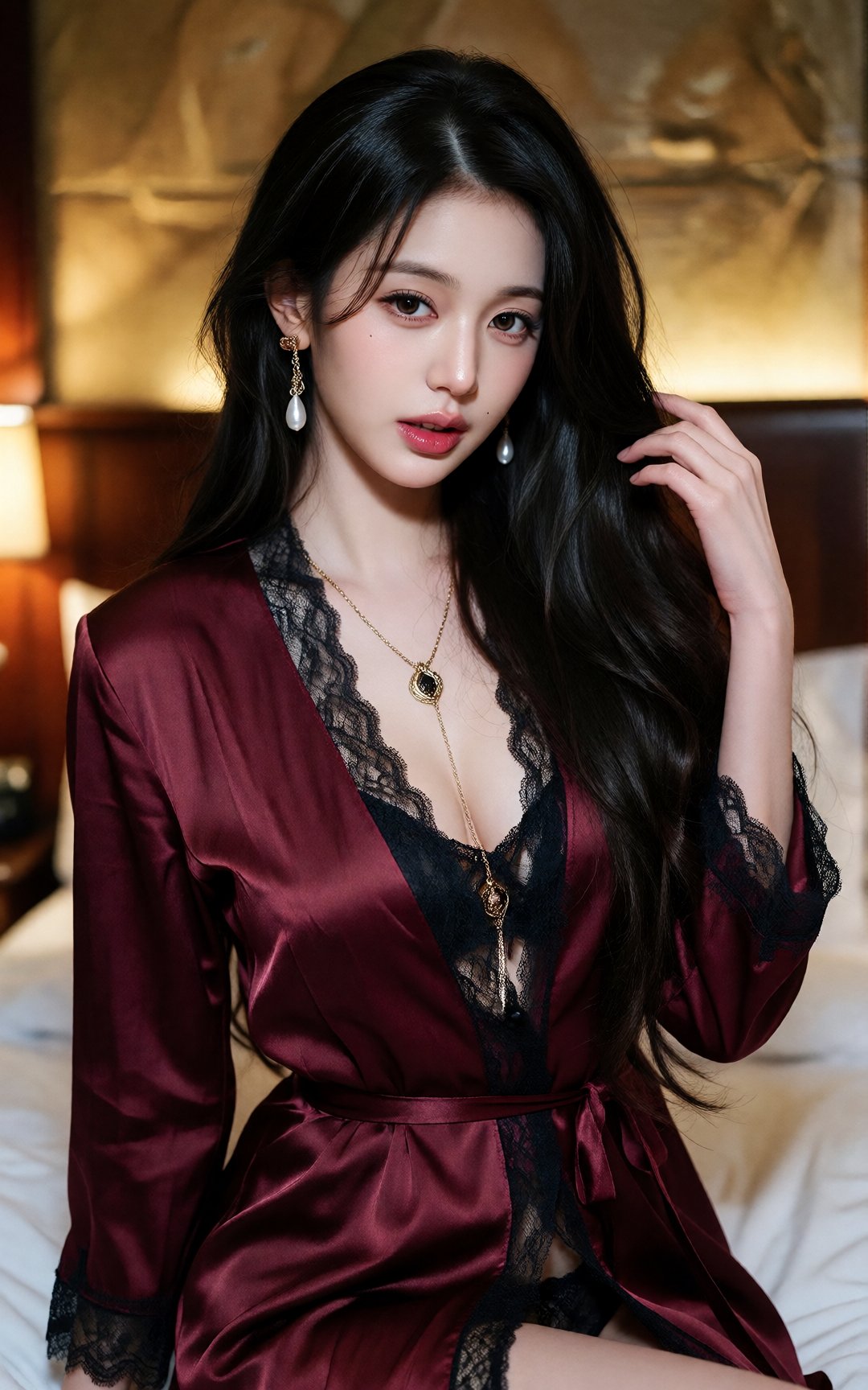 the image portrays a woman with long,  flowing black hair,  styled elegantly with soft waves by 让AI更感性了 on Tensor.Art