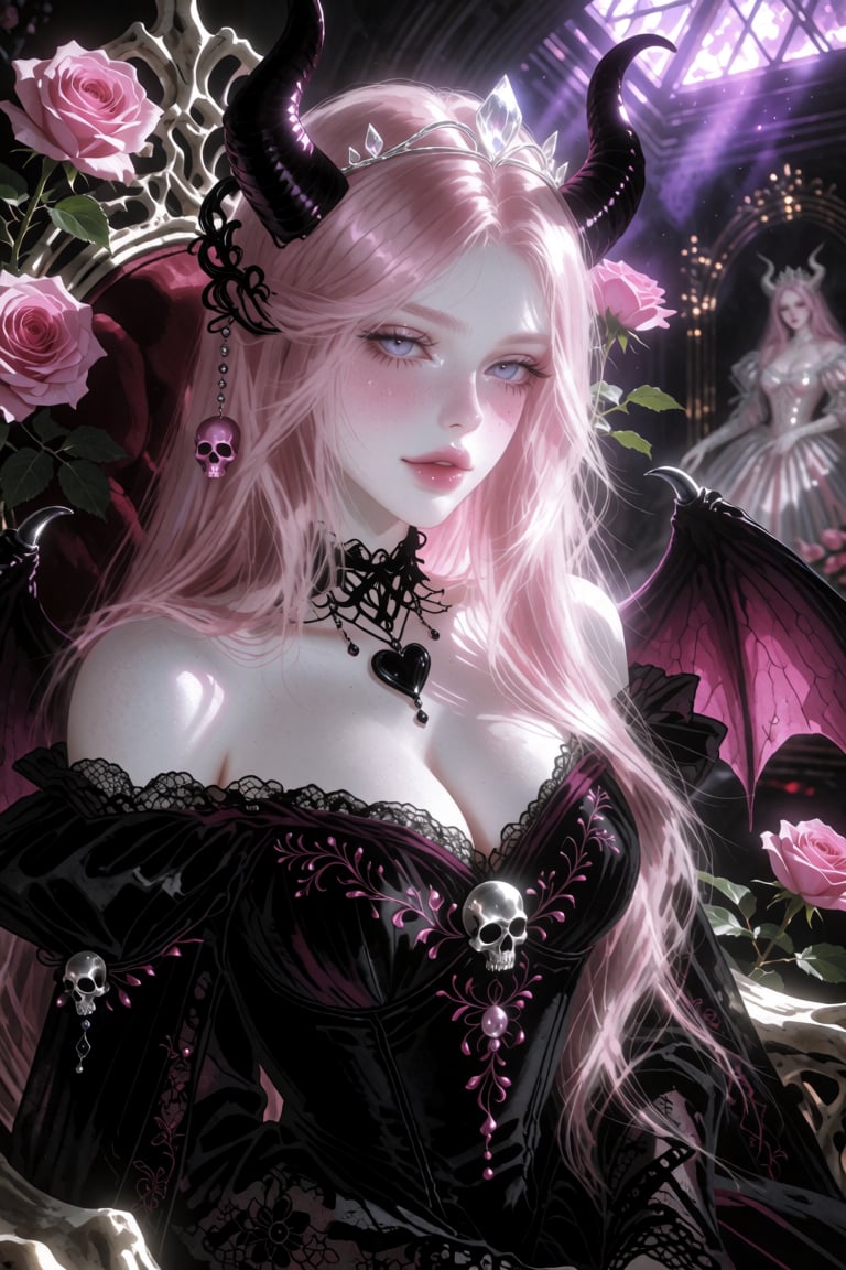 F4NT4S14STYL3,  a portrait of a beautiful succubus captured in an intimate waist-up medium close-up. She sits upon a thron...