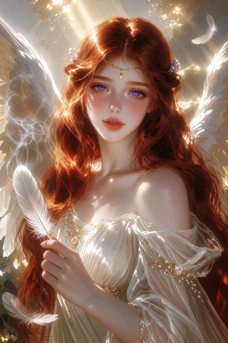 F4NT4S14STYL3,  a portrait of a beautiful angel captured in an intimate waist-up medium close-up,  gazing directly forward...