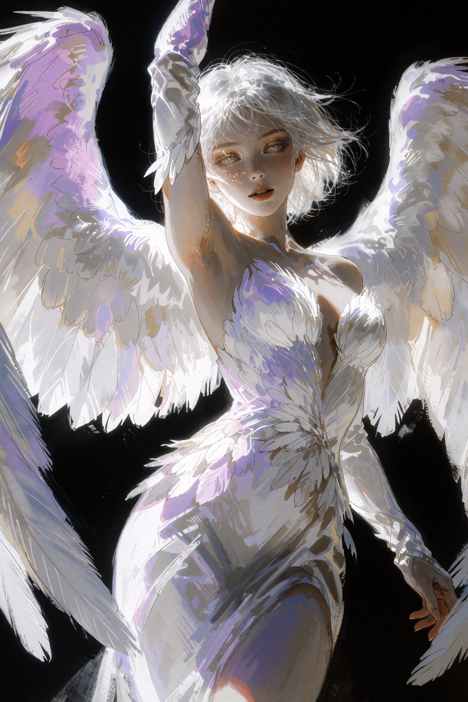 @SR1EXTR,  Ethereal winged female figure against stark black background,  massive white feathered wings framing body by On...