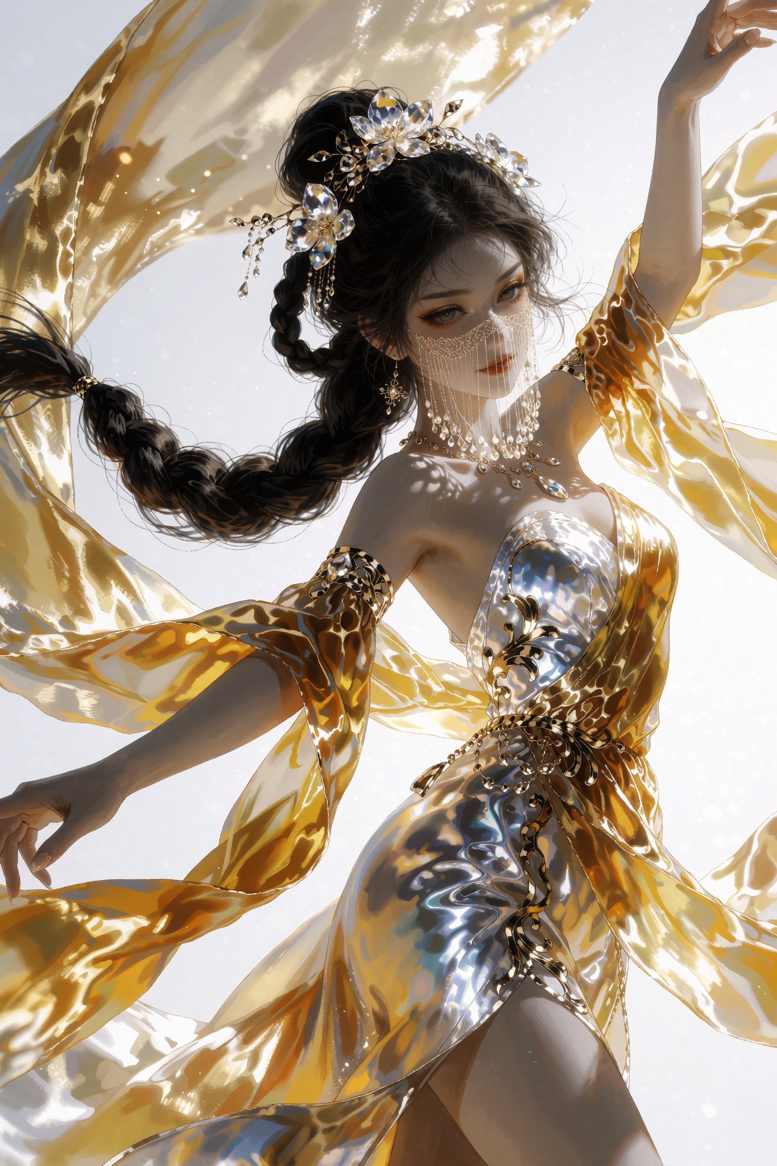 @SR1EXTR,  graceful female dancer in dynamic pose with arms outstretched,  intricate dark braided hair loops by OnlyLemonL...
