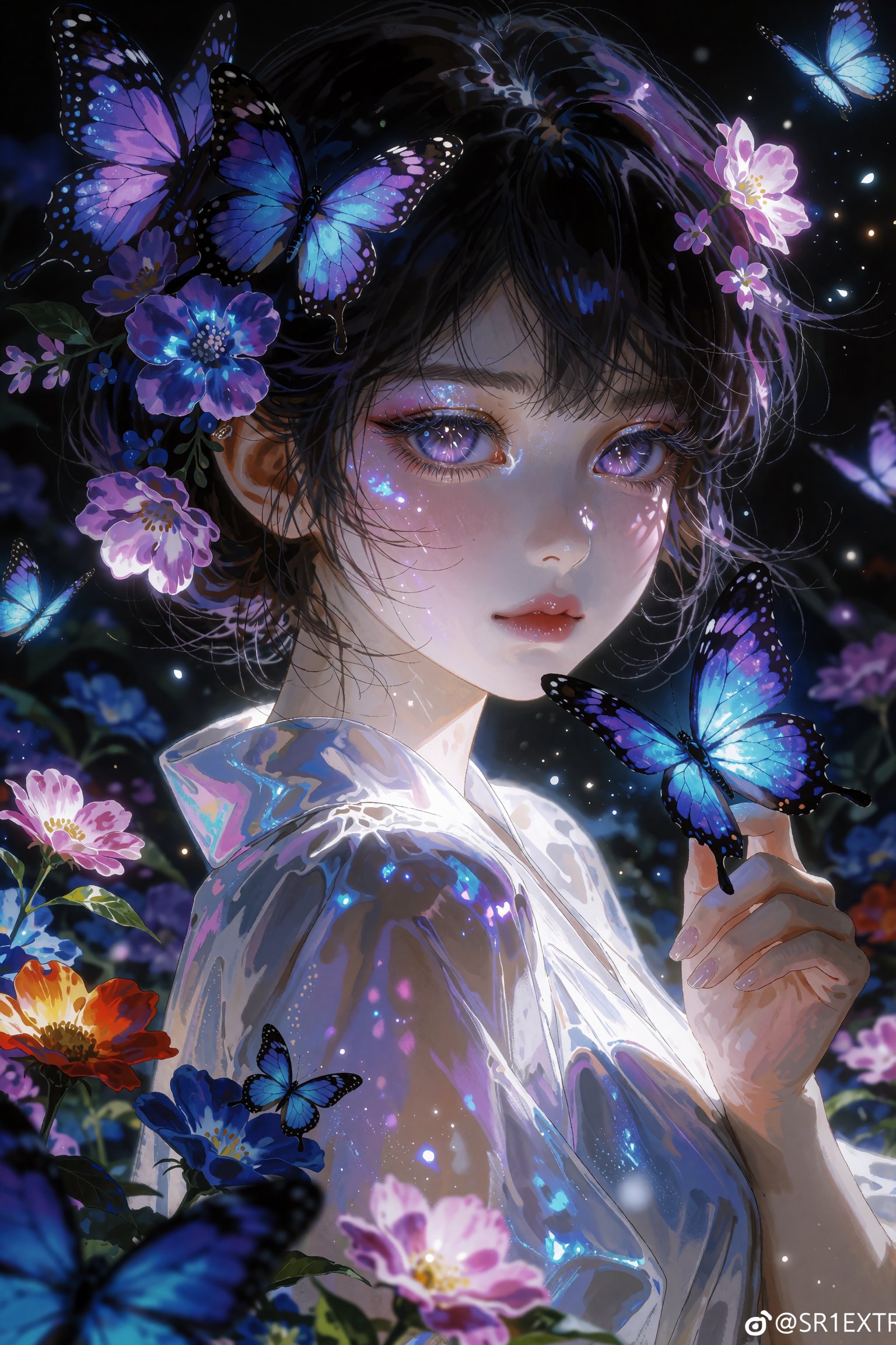 @SR1EXTR,  close-up fantasy painting of a girl with large luminous purple eyes,  gentle melancholic expression by OnlyLemo...