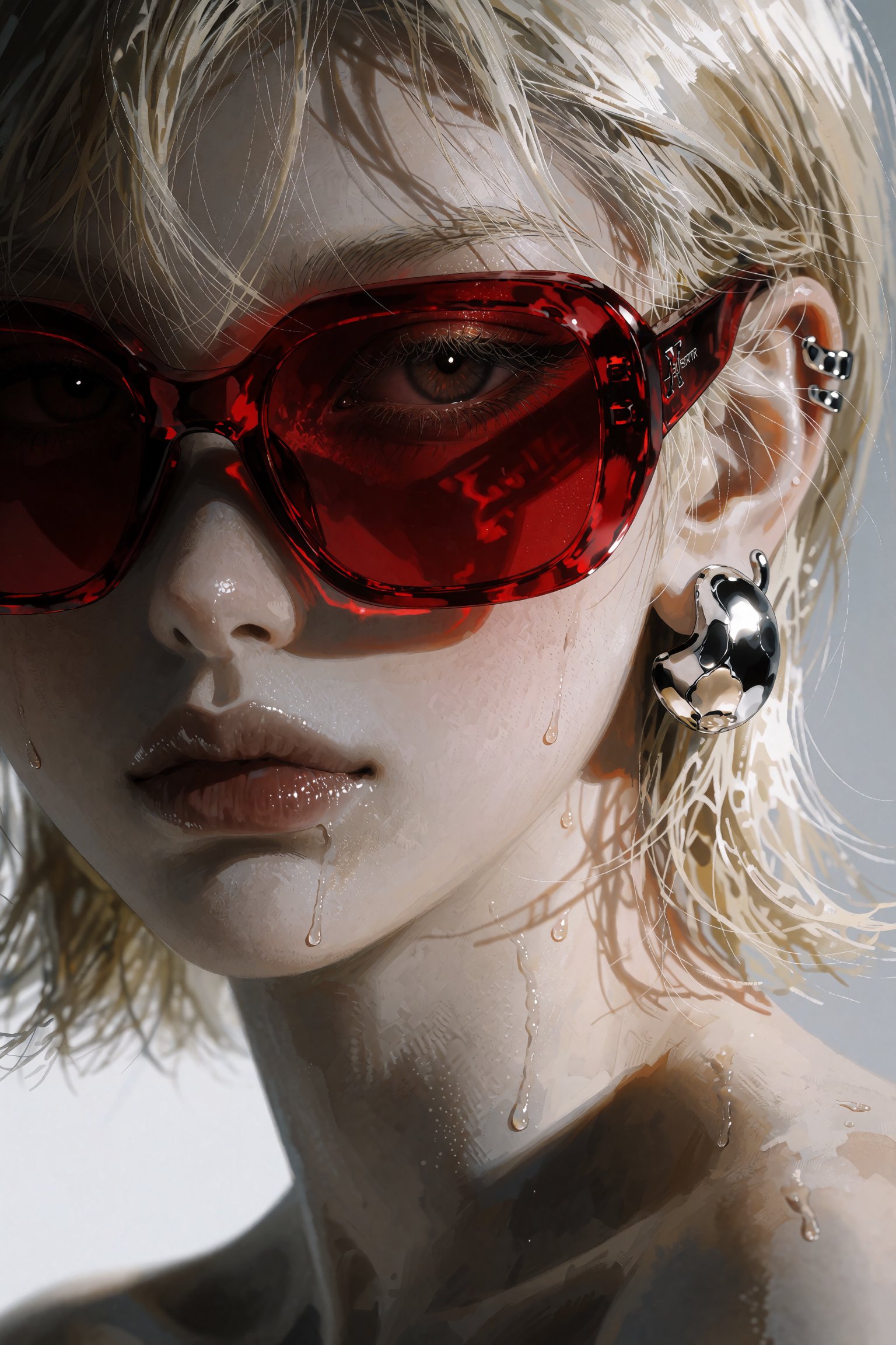 @SR1EXTR,  An extreme close-up asymmetrical portrait of a fair-skinned individual with short blonde hair,  wearing oversiz...