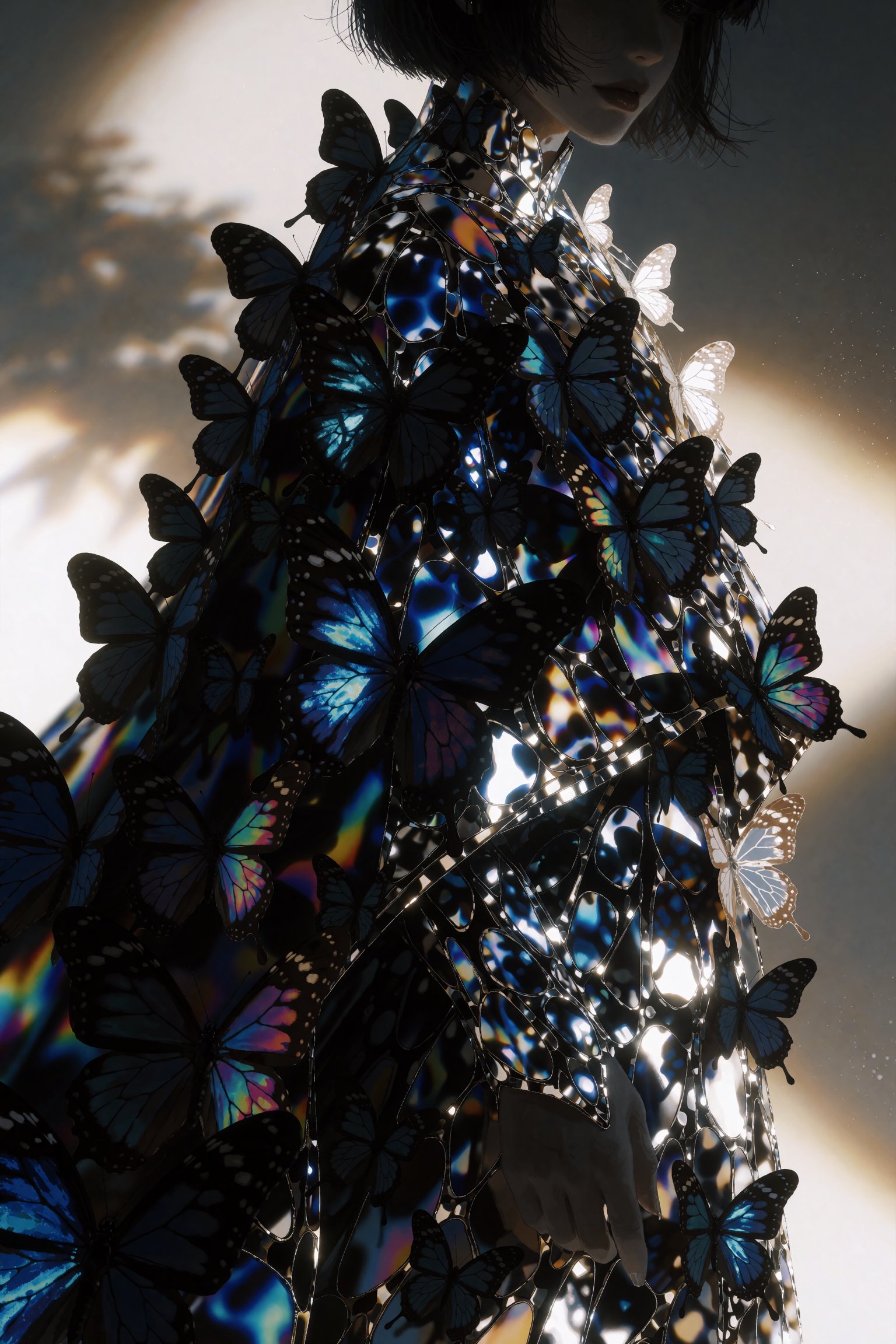 @SM1EXTR,  A medium shot of a figure draped in a flowing cloak made entirely of thousands of shimmering,  iridescent butte...