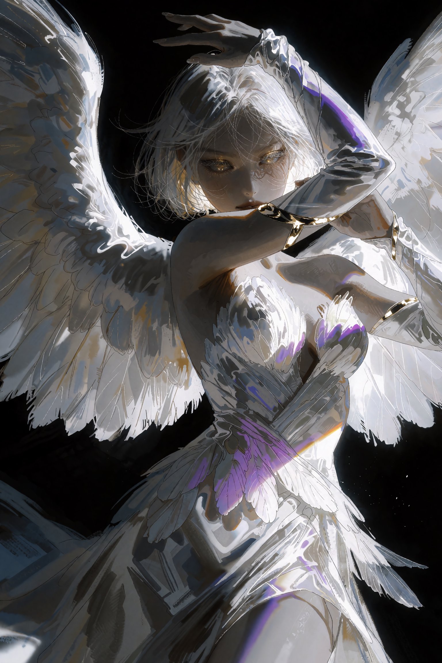 @SM1EXTR,  Ethereal winged female figure against stark black background,  massive white feathered wings framing body by On...