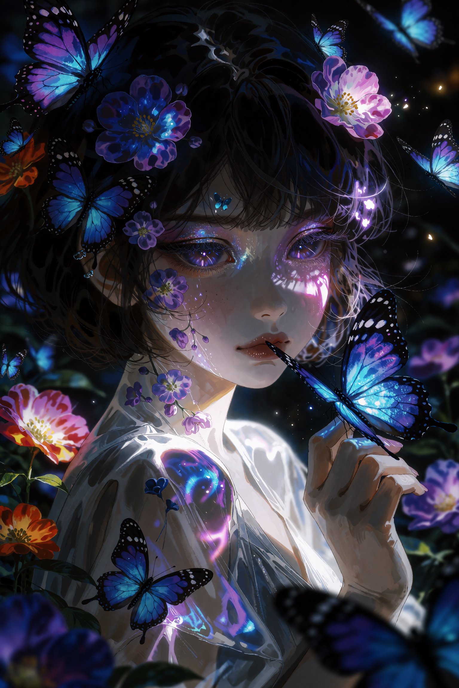@SM1EXTR,  close-up fantasy painting of a girl with large luminous purple eyes,  gentle melancholic expression by OnlyLemo...