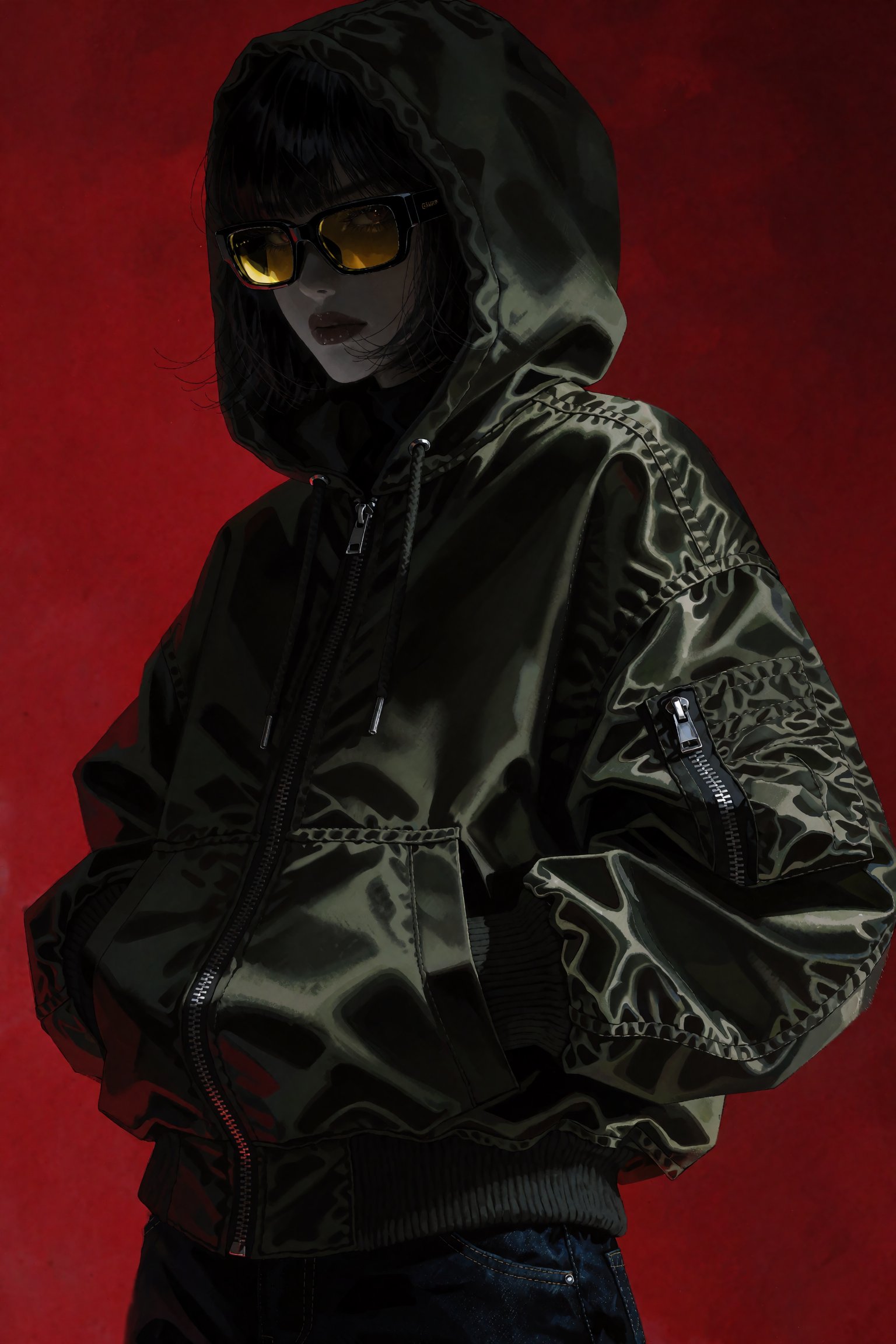 @SM1EXTR,  A model poses against a solid crimson backdrop wearing an oversized olive green satin bomber hoodie with the ho...
