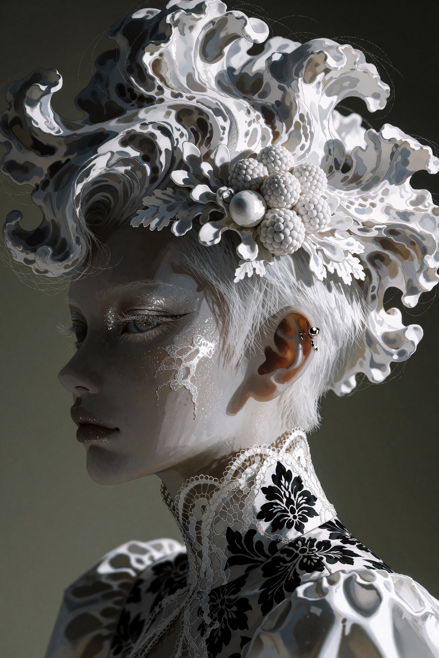 @SM1EXTR,  A high-fashion profile portrait of a pale model facing left,  crowned with a massive by OnlyLemonLemLem on Tens...