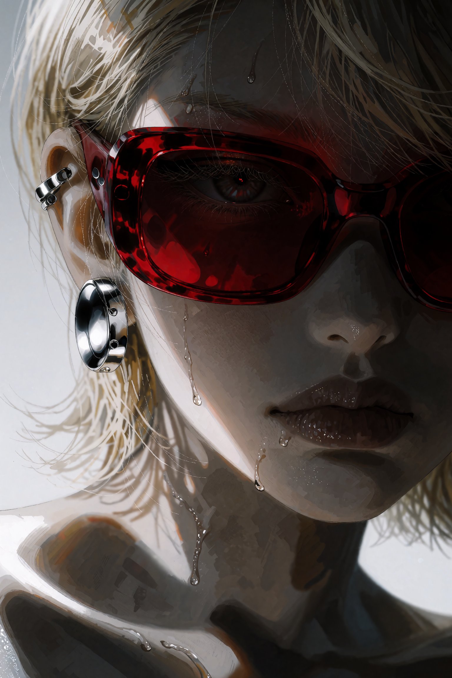 @SM1EXTR,  An extreme close-up asymmetrical portrait of a fair-skinned individual with short blonde hair,  wearing oversiz...