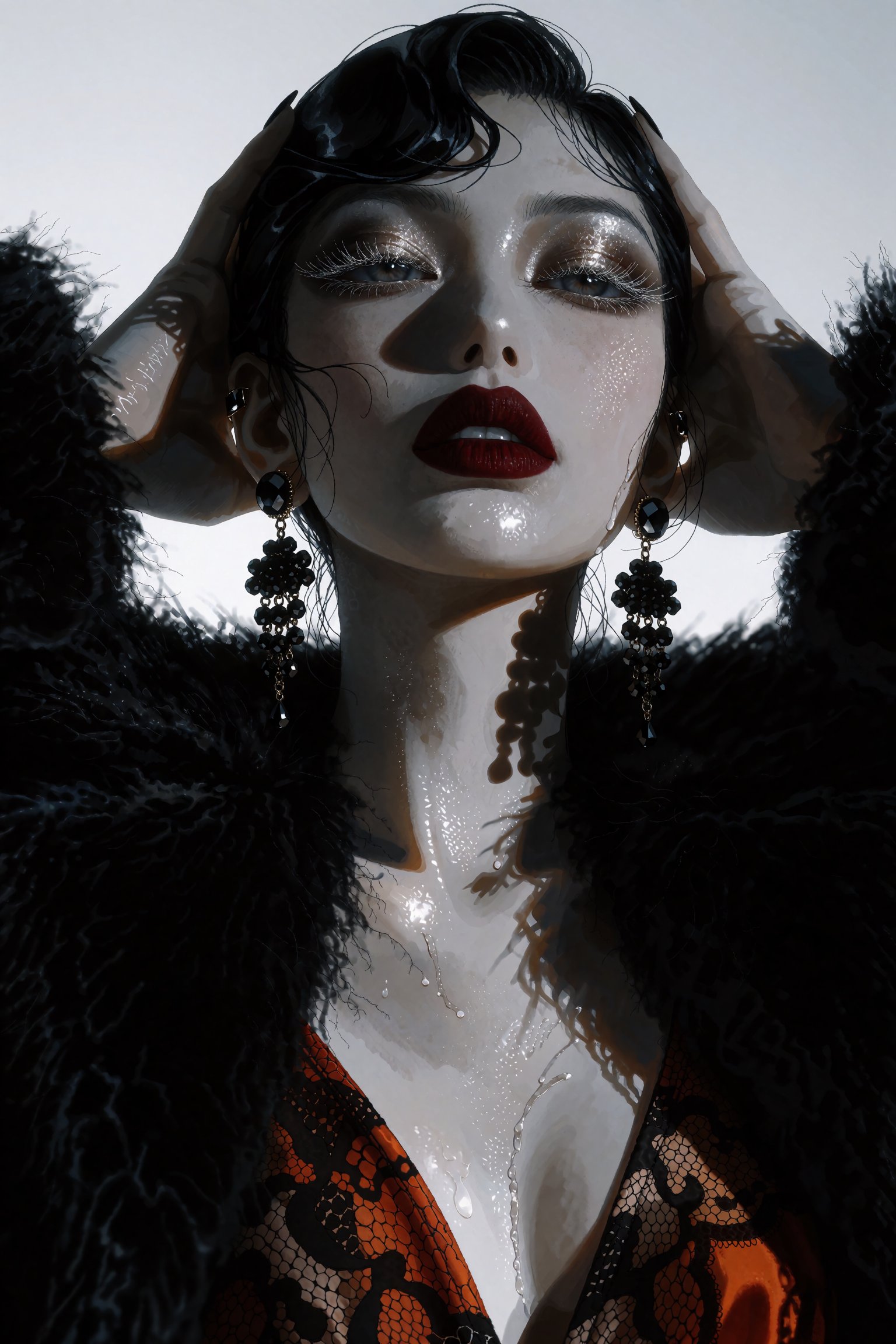 @SM1EXTR,  A low-angle fashion portrait of a woman with ultra-glossy skin framing her face with both hands. Her wet-look b...