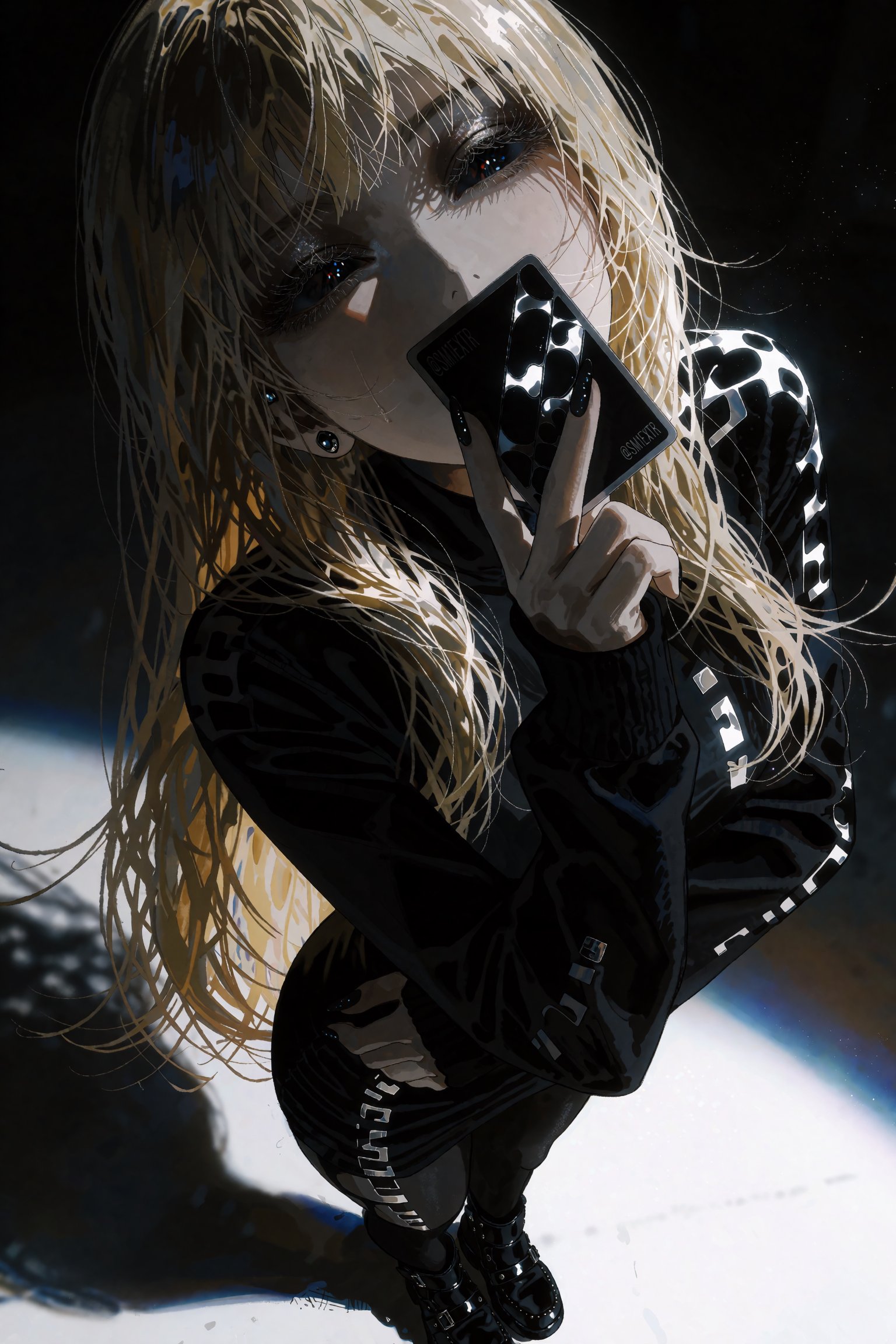 @SM1EXTR A masterpiece,  best quality retro-futuristic sci-fi illustration. A 1girl with long blonde hair and black eyes,...