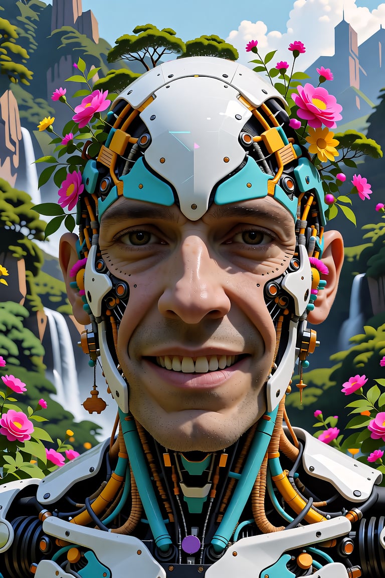 Close-up face: glossy decay,  horror,  a man surrounded by trees and flowers in mountain valley by Piscabo on Tensor.Art