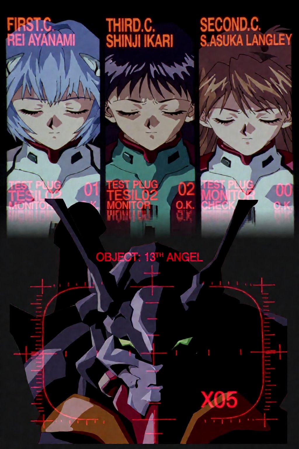 The image is a composite featuring a background of a screen display from the anime Neon Genesis Evangelion layered behind...
