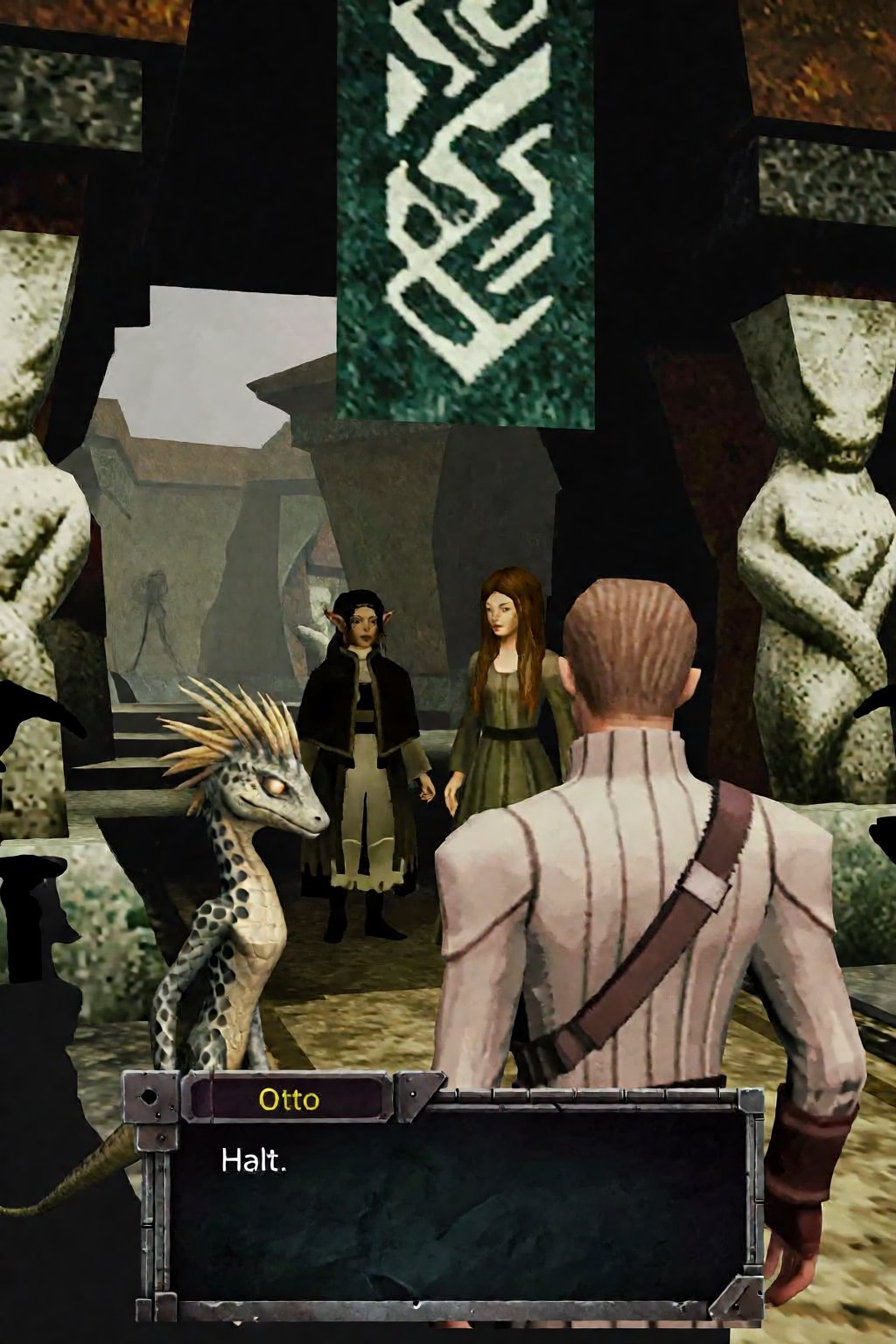 This image depicts a scene from a low-fidelity,  stylized video game featuring a dialogue box at the bottom. The foregroun...