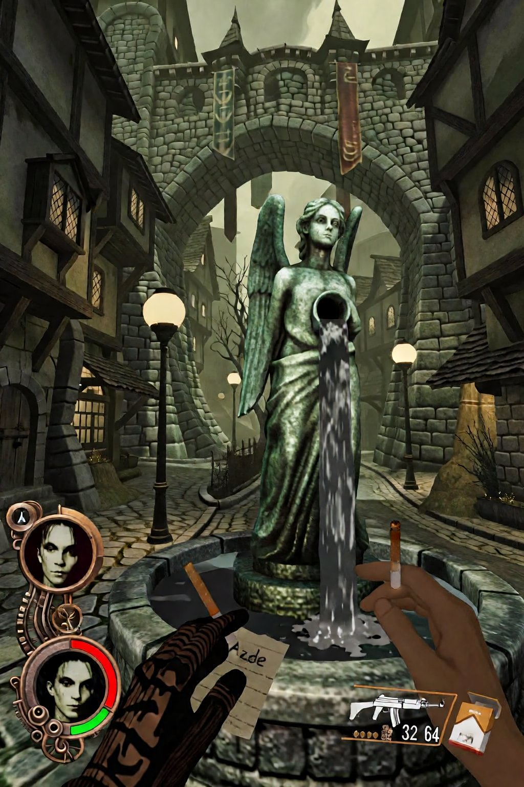This first-person perspective video game screenshot displays a surreal,  stylized urban environment featuring a central st...