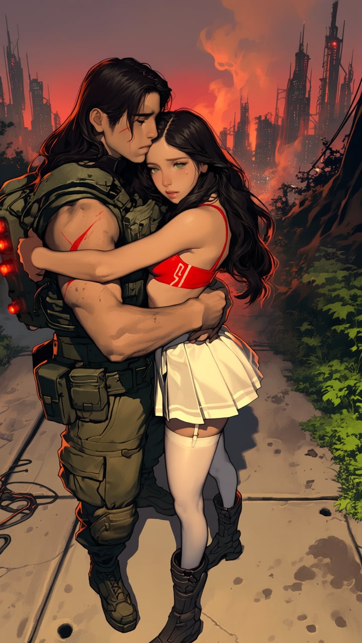 - a vibrant,  stylized scene. "Sci-fi setting. One beautiful,  sexy young woman with long dark hair and green eyes by Drau...