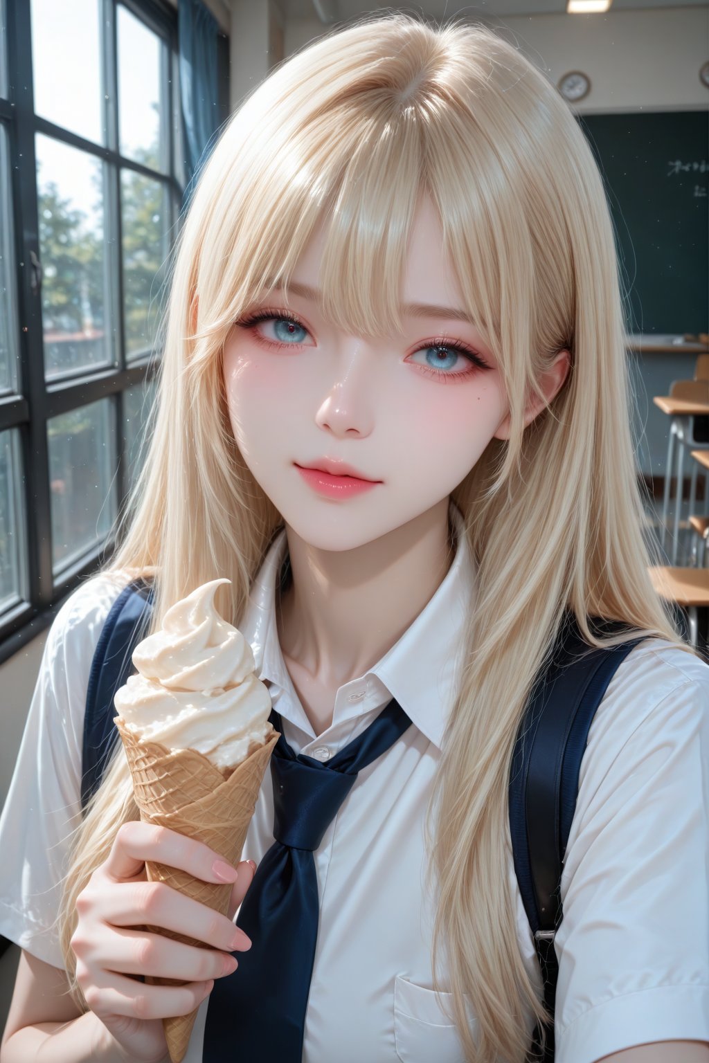 A girl with long blonde hair,  wearing school uniform,  holding ice cream by 月大魔王|The Moonly Demon King on Tensor.Art