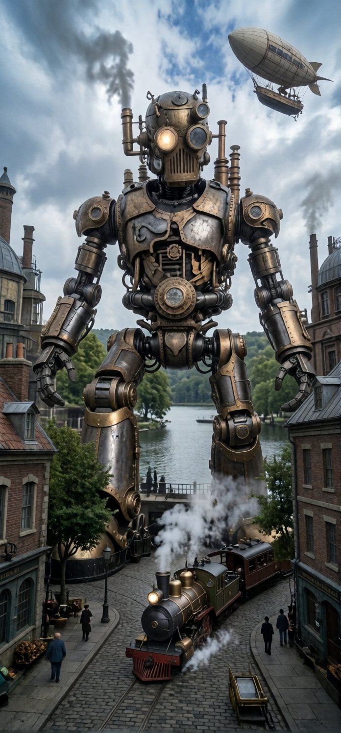 rectangle shape giant steampunk mecha behind buildings,  airship in the sky,  steampunk city with street by hekyo on Tenso...