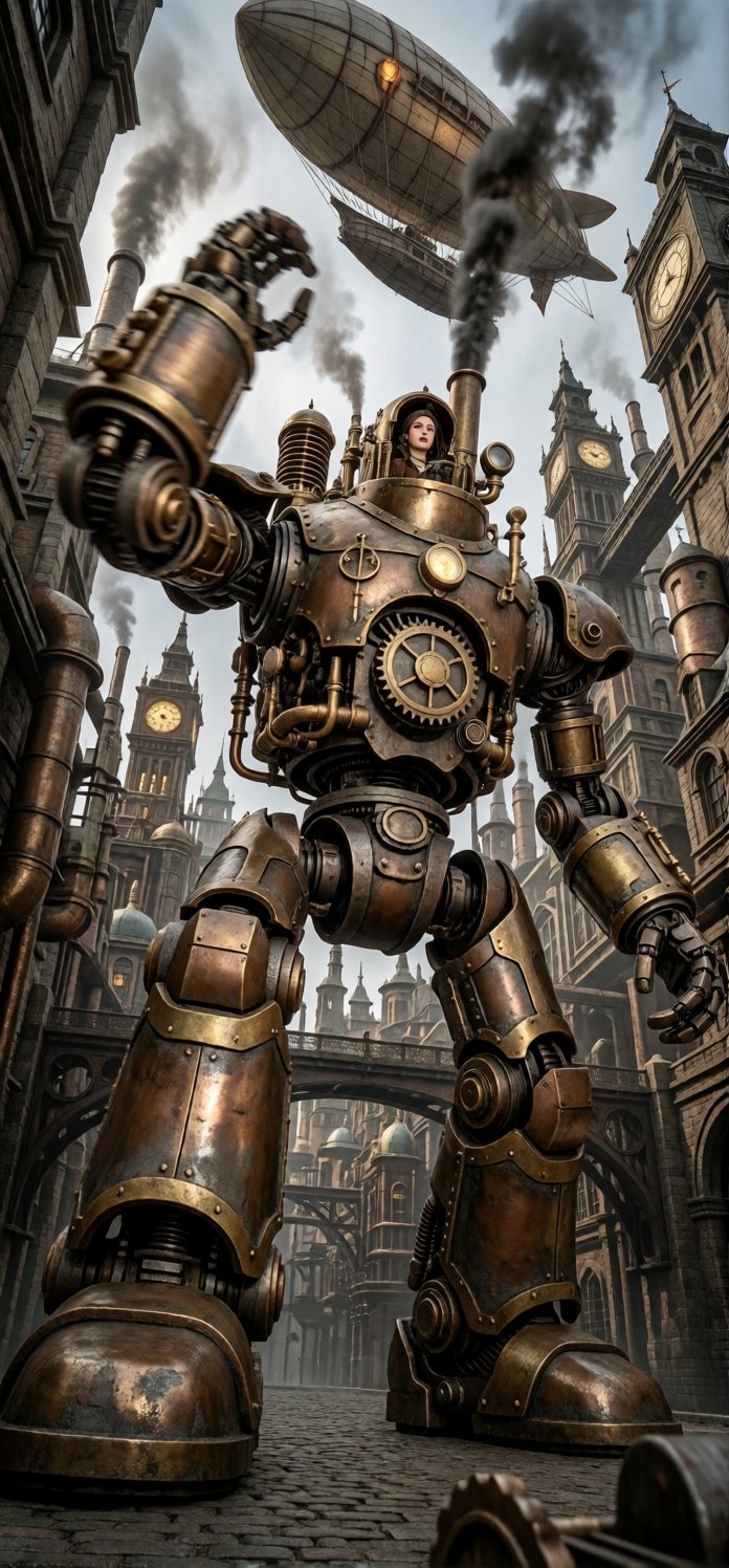 A colossal steam-powered mech equipped with rounded shoulder pads,  heavy-duty elbow pads,  and intricate brass pipes pose...