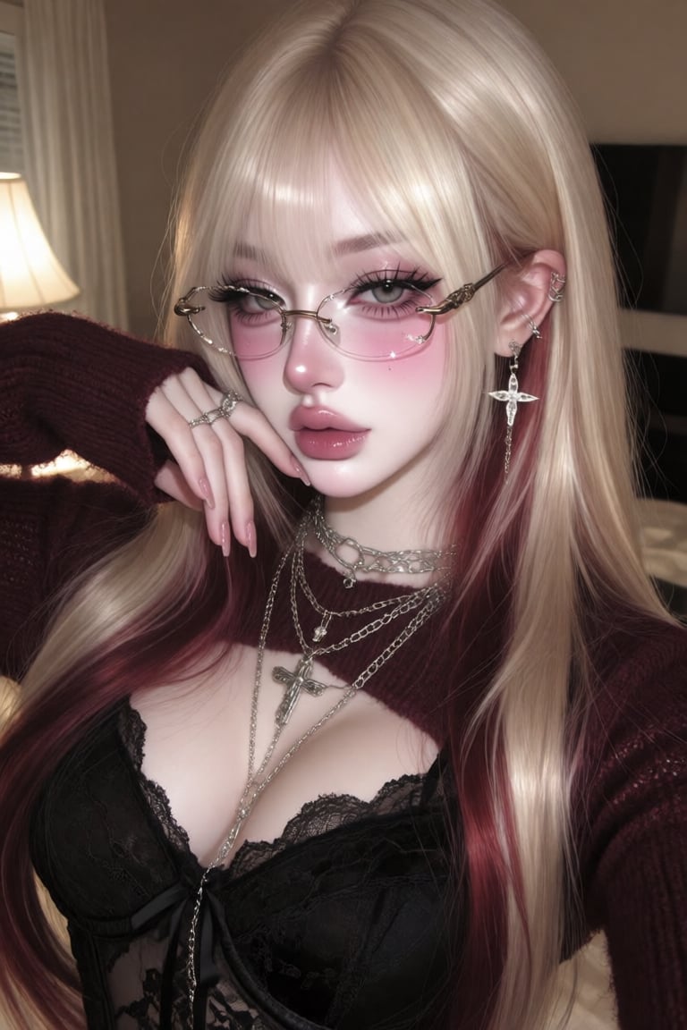 An ethereal close-up portrait of a young woman with a doll-like,  dark-coquette aesthetic posing indoors. She has long sle...